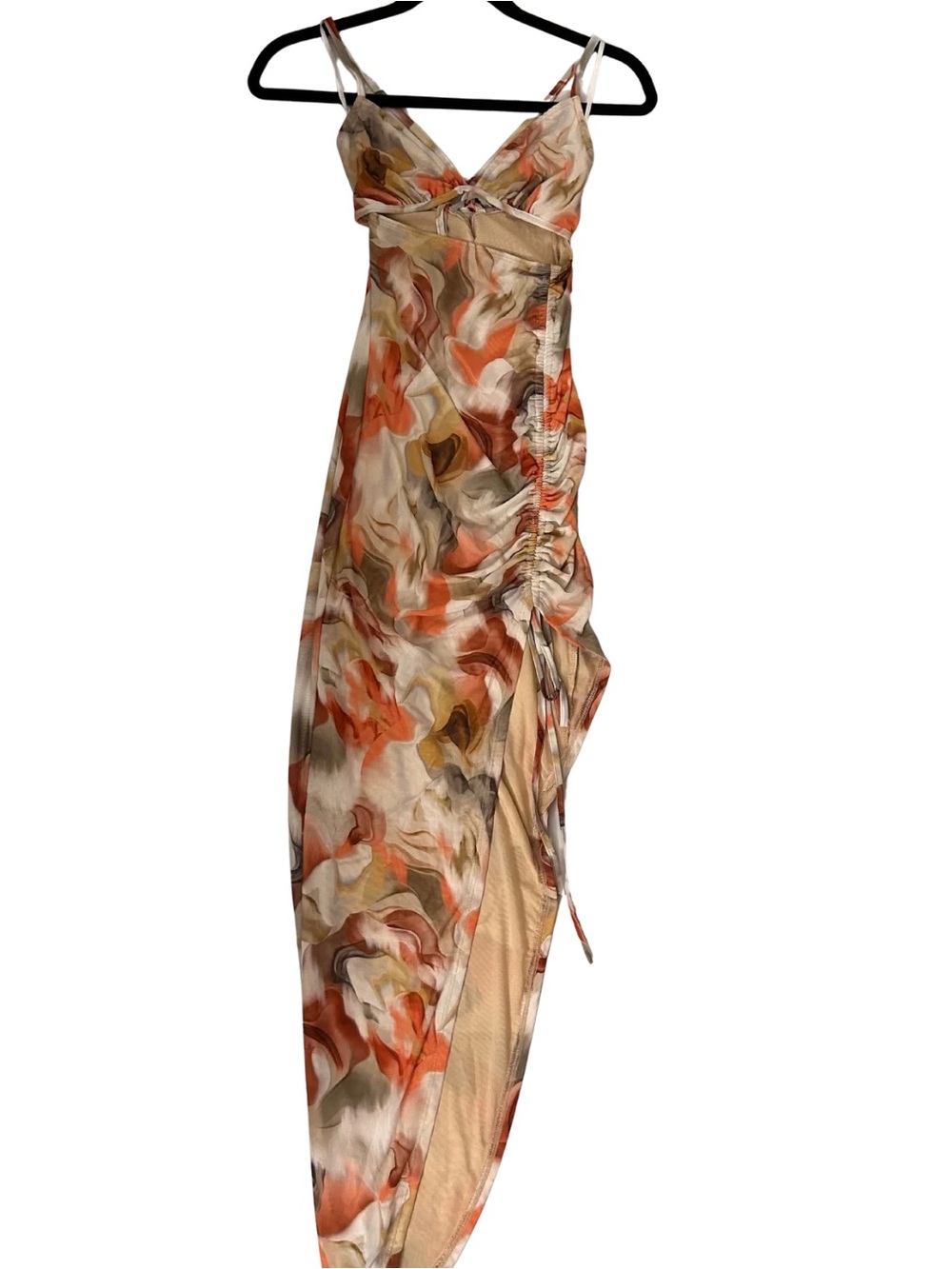 Women's Abstract Ruched Slip Dress in Multicolor (Orange, Tan)
